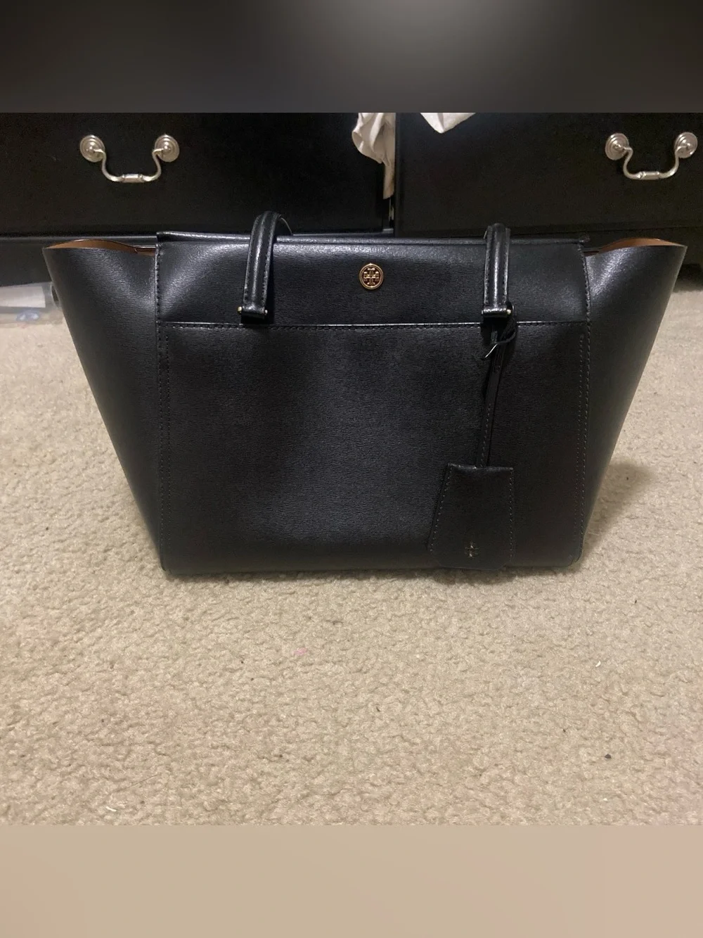 brand new Tory Burch Black Exterior with Beige Interior Leather Tote